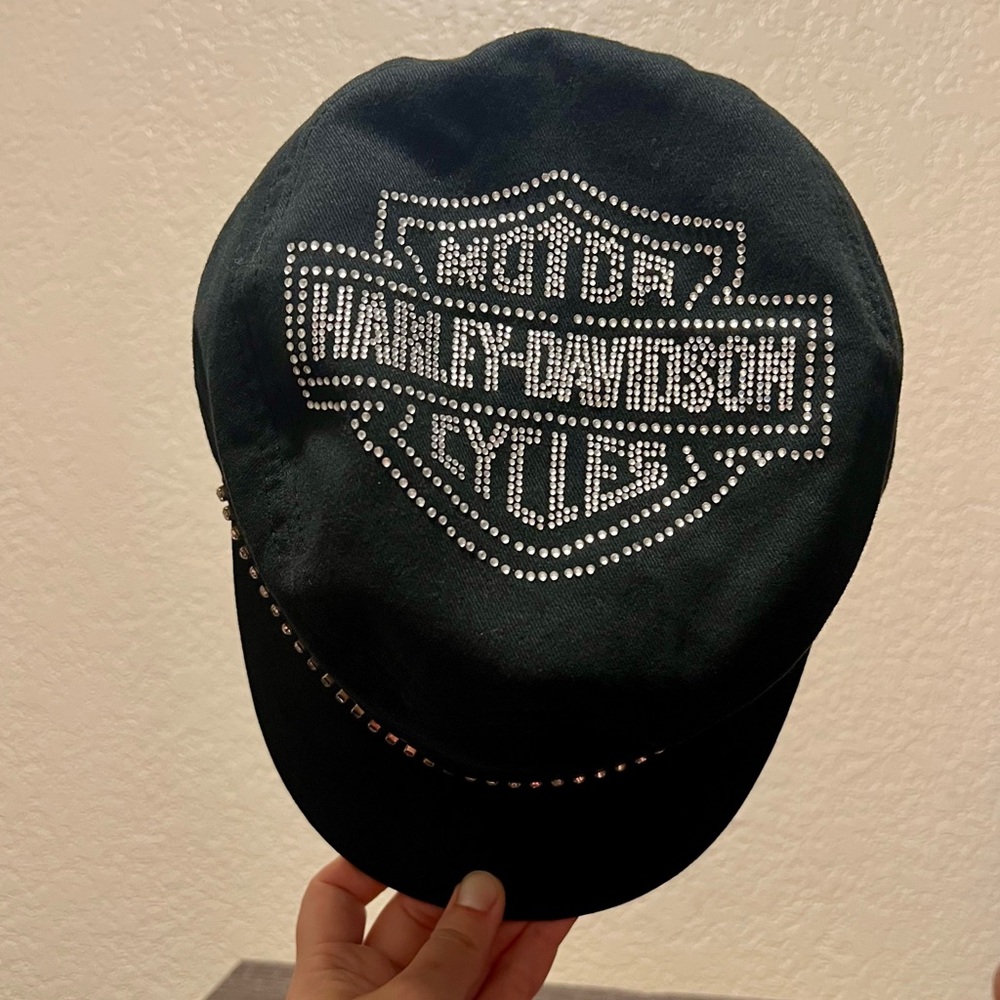 Y2K Harley Davidson Black Cadet Hat with Rhinestone Design
